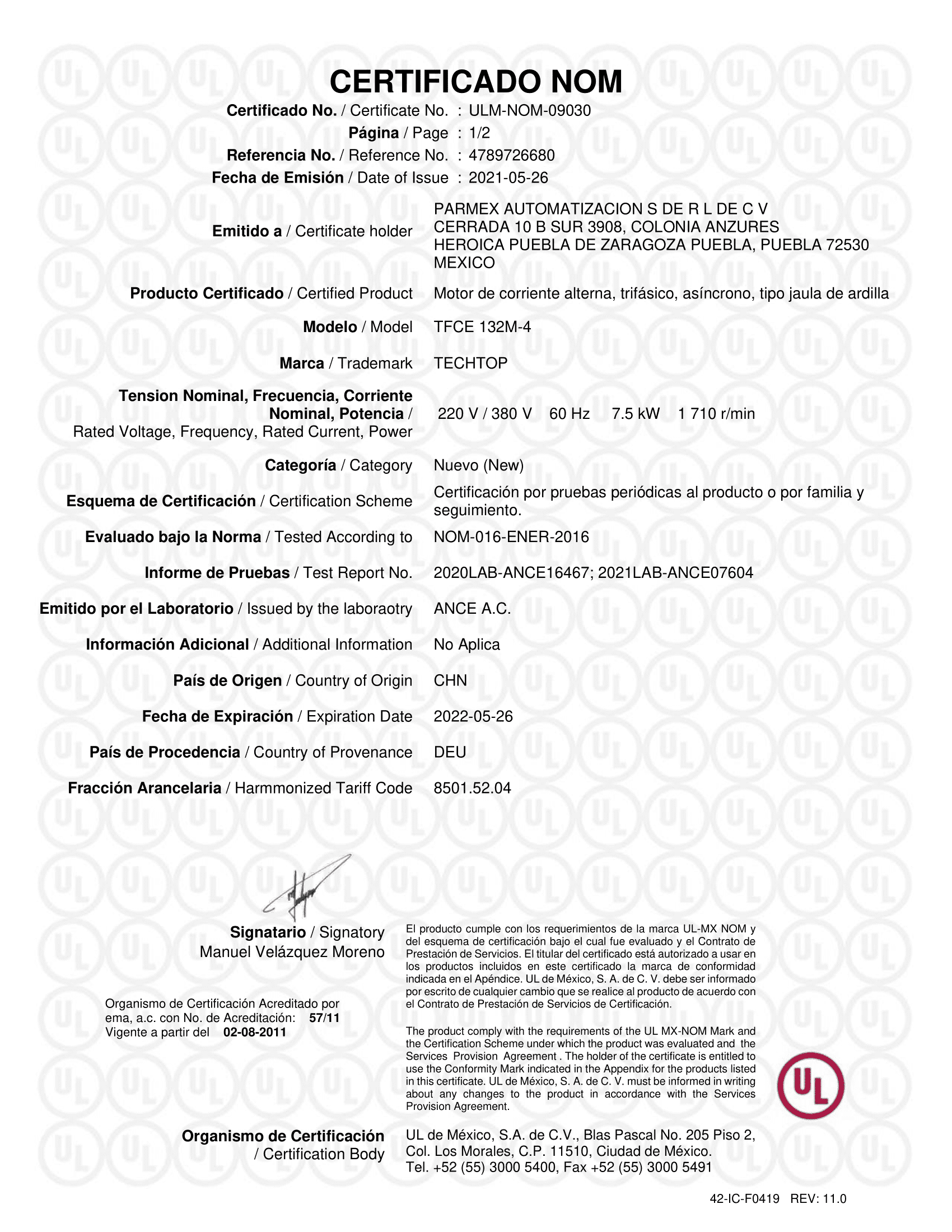 NOM Certificate